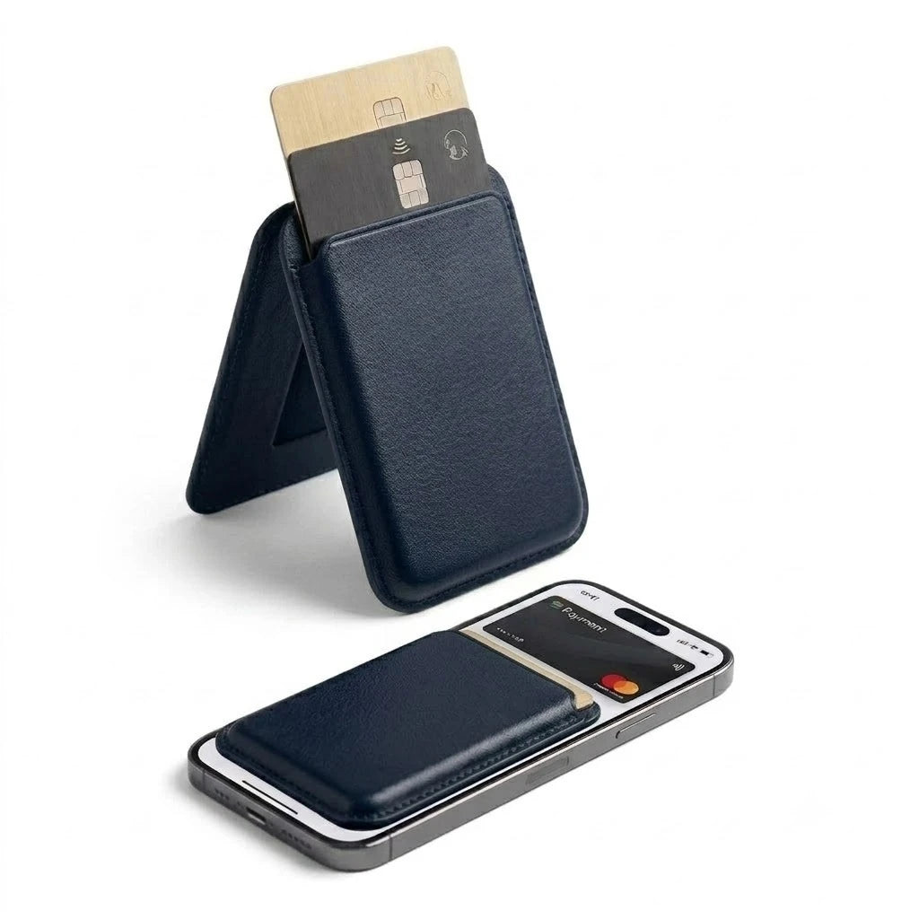 PORTACARTE MAGNETICO CON SUPPORTO POGGIA SMARTPHONE IN SIMIL PELLE BLU