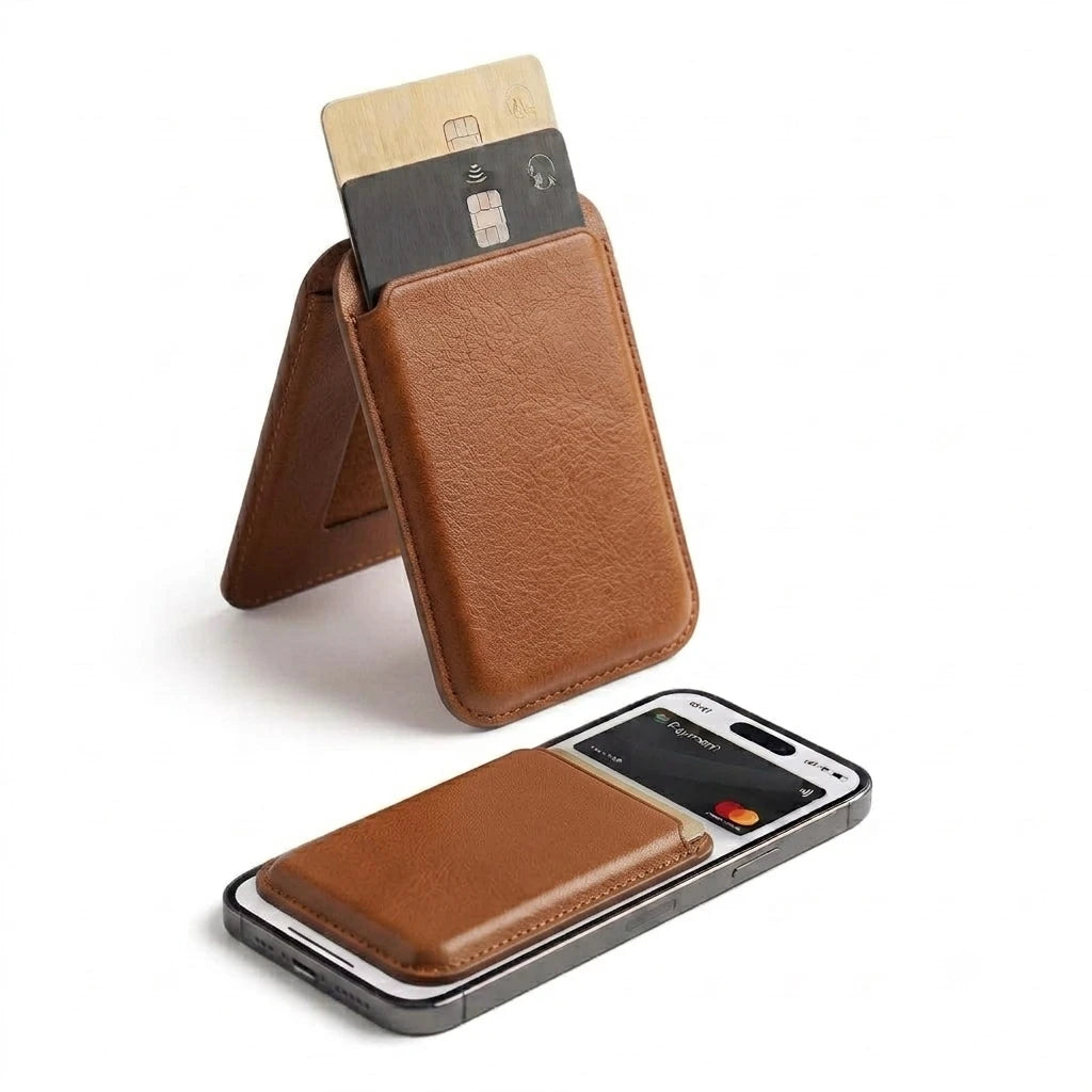 PORTACARTE MAGNETICO CON SUPPORTO POGGIA SMARTPHONE IN SIMIL PELLE MARRONE