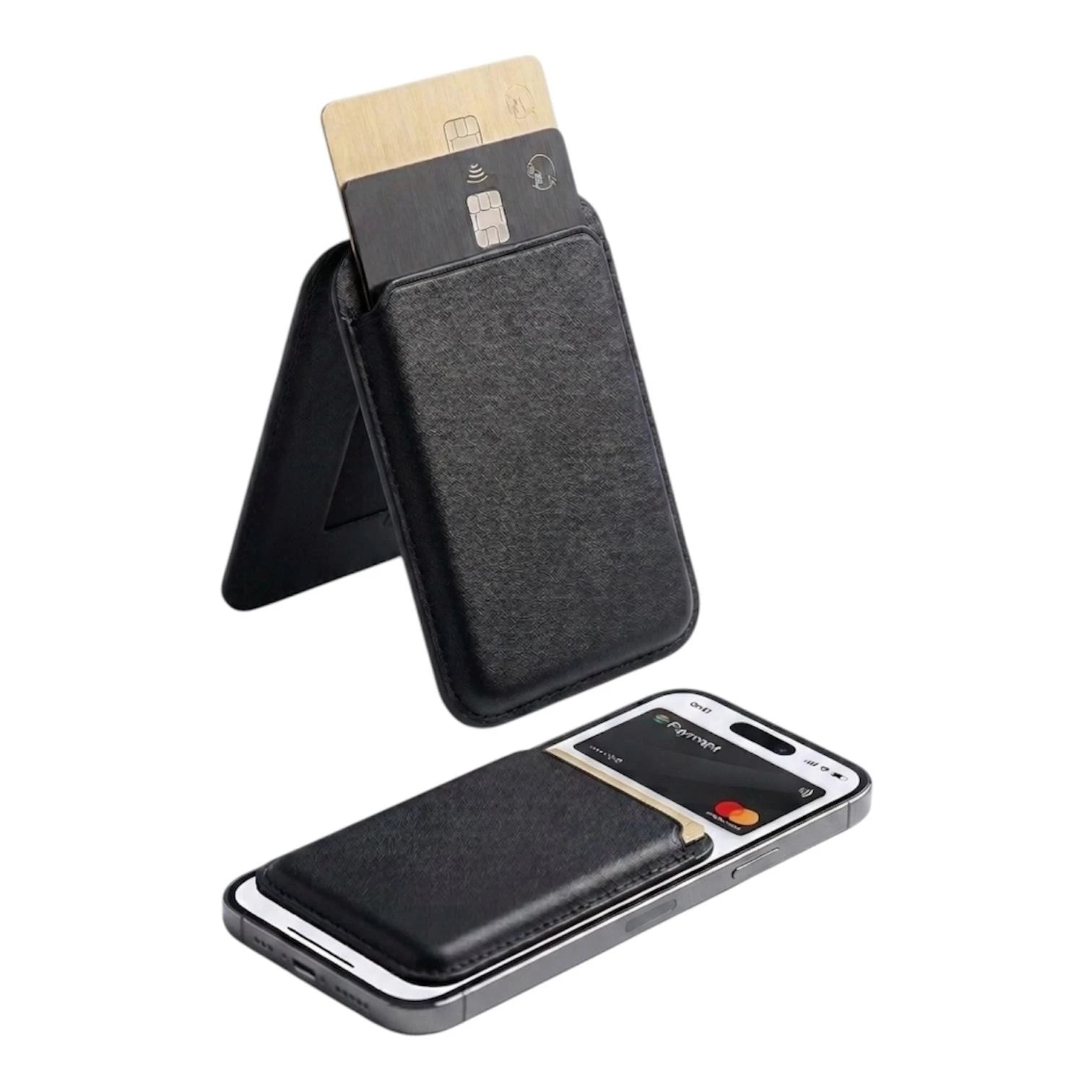 PORTACARTE MAGNETICO CON SUPPORTO POGGIA SMARTPHONE IN SIMIL PELLE NERO