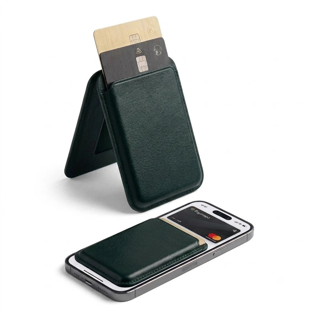 PORTACARTE MAGNETICO CON SUPPORTO POGGIA SMARTPHONE IN SIMIL PELLE VERDE